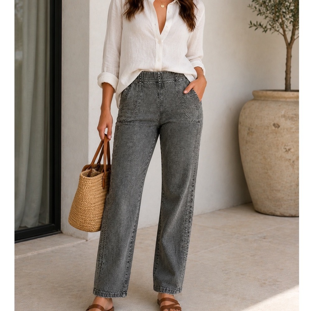 Anna & Ava Pull On Jeans Acid Wash Pants Gray Size Large Relaxed